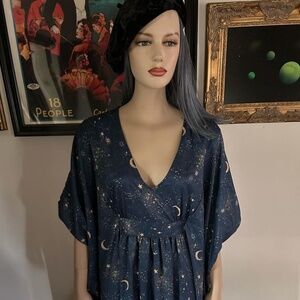 Unique Vintage Navy & Golden Galaxy Burton Caftan Dress - One Size